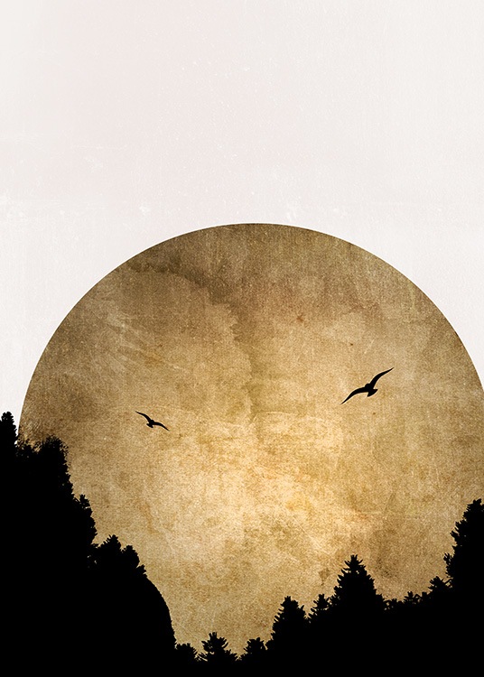  – Ilustración de diseño gráfico con un círculo dorado grande, dos pájaros volando y árboles negros.