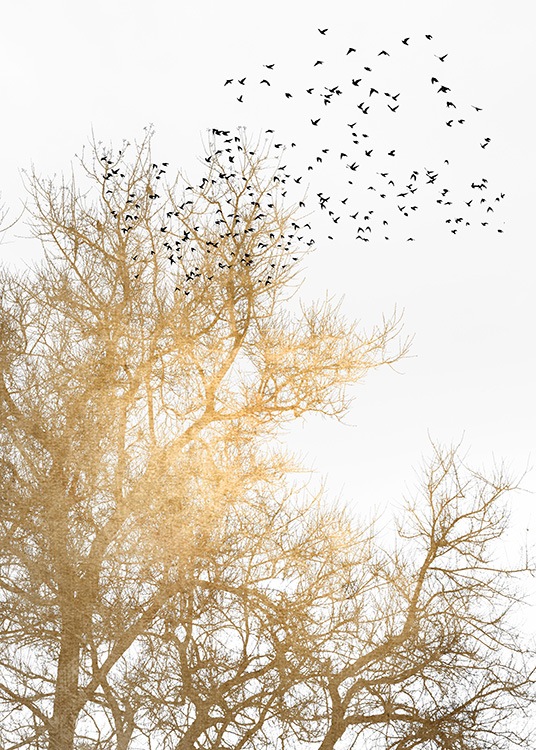  – Ilustración de diseño gráfico con un árbol dorado, una bandada de pájaros, y fondo blanco.