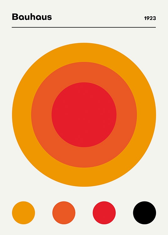  – Ilustración de diseño gráfico con un círculo rojo y anaranjado en el centro del póster, y círculos más pequeños en el extremo inferior de la imagen.