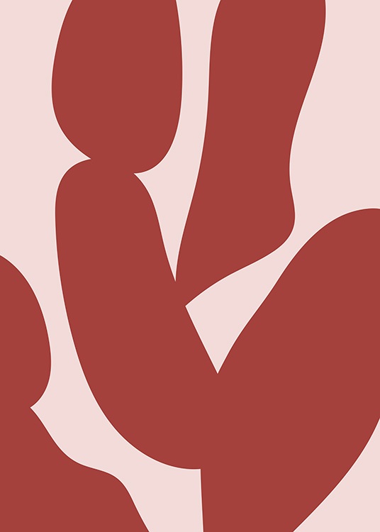  – Ilustración de diseño gráfico con figuras abstractas de color rojo y fondo rosa.