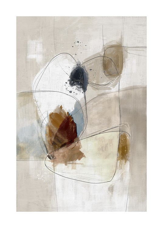  – Pintura en color beis con figuras abstractas en tonos de azul y marrón.