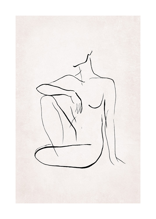  – Ilustración en arte de línea de una cuerpo mujer sentada y desnuda. Trazos negros, fondo rosa claro.