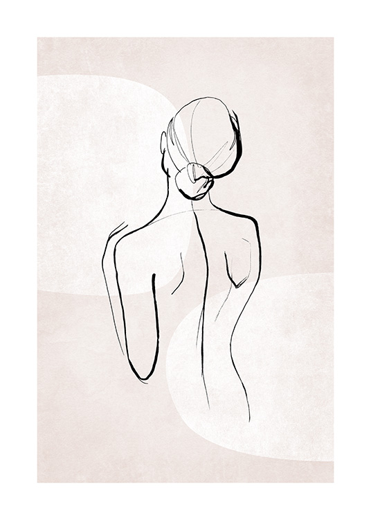  – Ilustración realizada en arte de línea con el motivo de la espalda de una mujer desnuda. Trazos negros y fondo rosa claro.