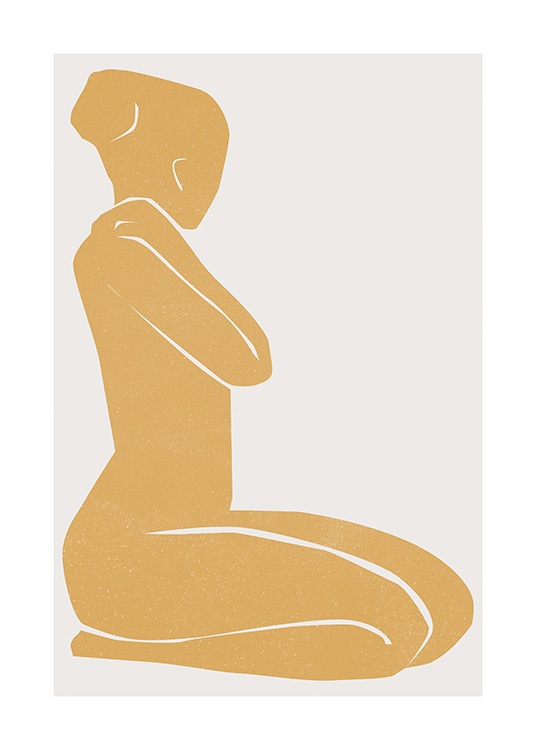  – Ilustración de diseño gráfico con una mujer sentada sobre las rodillas en color amarillo.