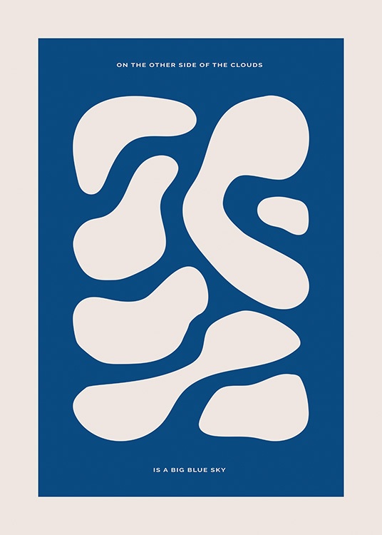  – Ilustración de diseño gráfico con figuras abstractas color beis y fondo azul oscuro. El póster tiene una frase en el extremo inferior.