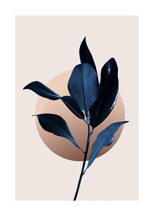  – Hojas azules de magnolia con un círculo de fondo realizado en diseño gráfico, fondo beis.