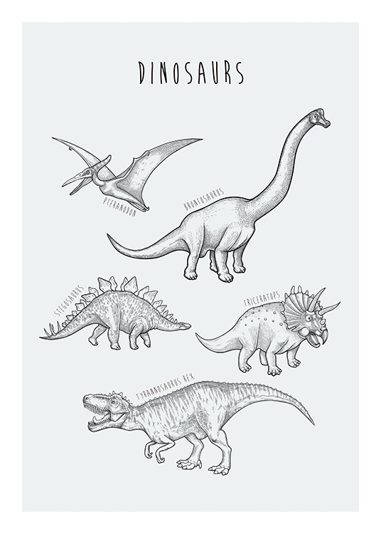  – Ilustración con varios dinosaurios hecha a mano sobre un fondo azul verdoso