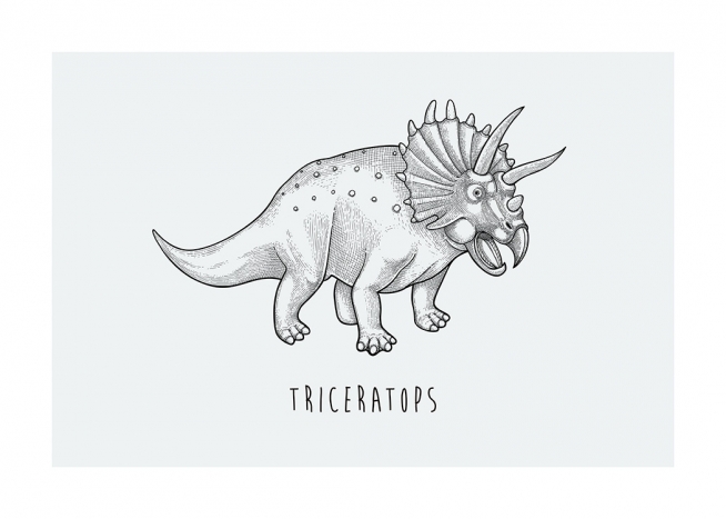  – Ilustración con un Triceratops dibujado en negro sobre un fondo azul verdoso