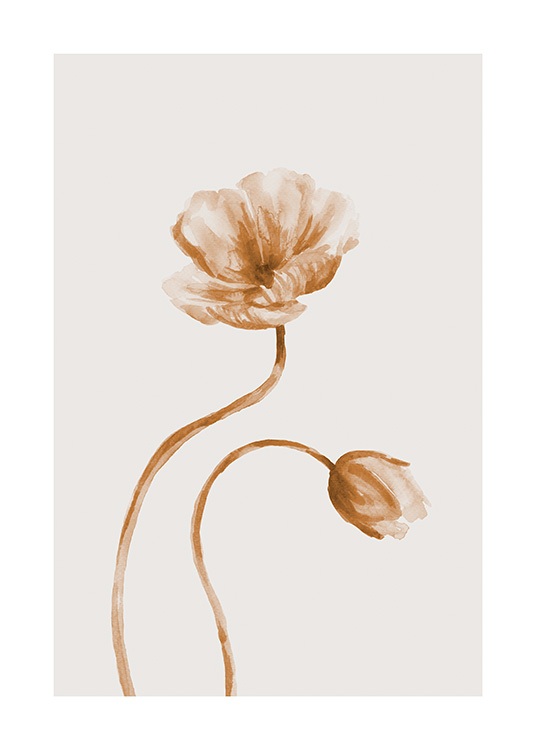 – Acuarela con dos flores en color beis y marrón, fondo beis claro.