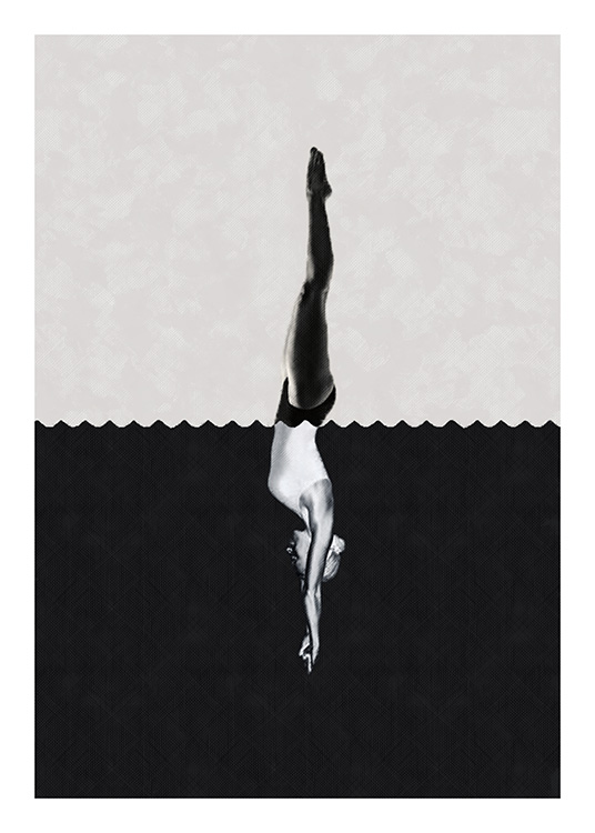  – Póster con un motivo de diseño gráfico; imagen de mujer zambulliéndose en un océano, cielo beis.