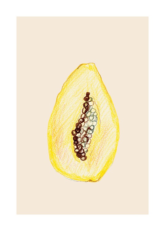  – Póster con la ilustración de una papaya amarilla sobre un fondo beis claro.