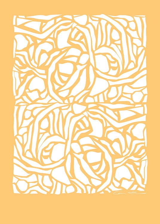  – Ilustración de diseño gráfico con fondo amarillo y figuras blancas que forman un patrón abstracto.