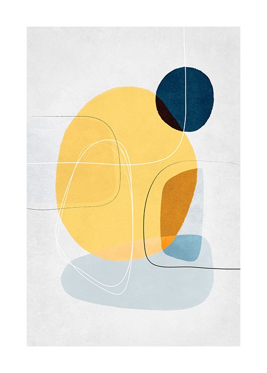  – Ilustración de diseño gráfico con fondo gris claro, círculos en amarillo y azul y delgadas líneas blancas y negras.