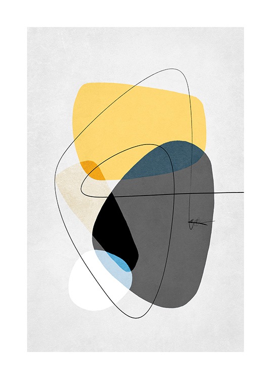  – Ilustración de diseño gráfico con fondo gris claro, círculos en amarillo y gris oscuro y un garabato de trazo delgado y negro.
