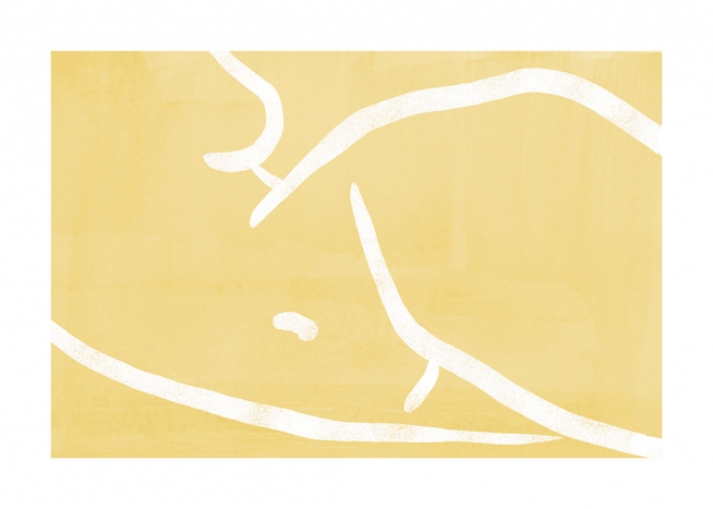  – Ilustración de diseño gráfico con fondo amarillo y el dibujo en trazos blancos de un cuerpo desnudo de lado.