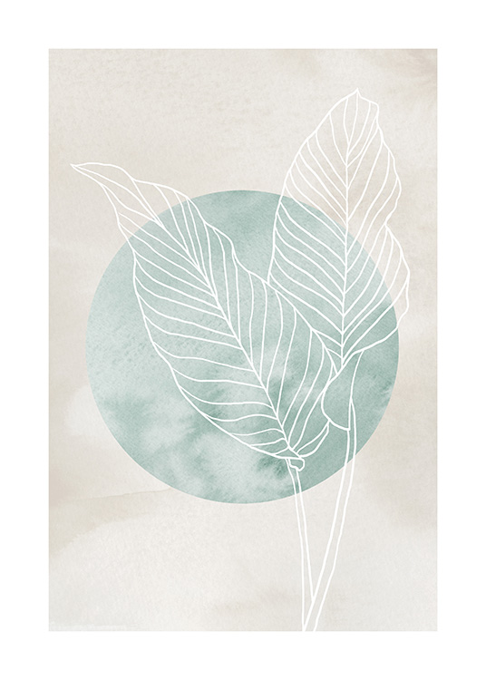  – Póster de fondo beis con la ilustración en arte de línea de hojas de ficus blancas, y un círculo verde detrás.