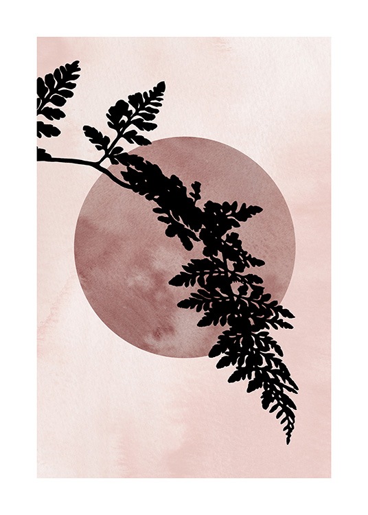  – Póster con la ilustración de una rama de helecho larga y negra, y un círculo rosa oscuro detrás.