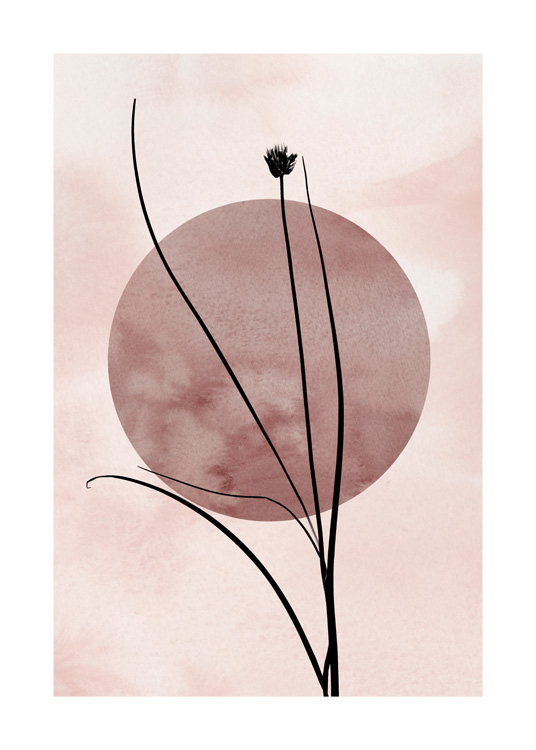  – Ilustración de fondo rosa claro con unas hojas de hierba y un círculo rosa oscuro en el medio de la imagen.