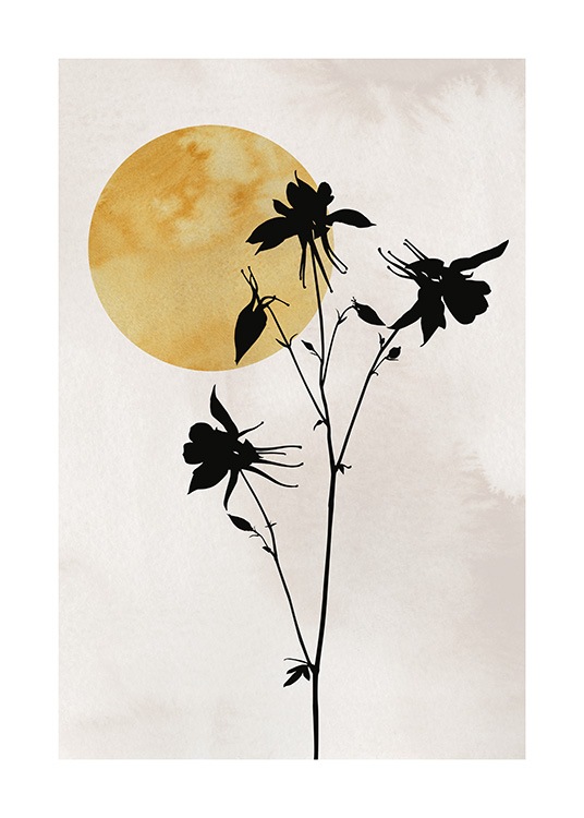  – Póster de fondo beis con la ilustración de unas ramitas de flores negras y un círculo amarillo oscuro detrás.