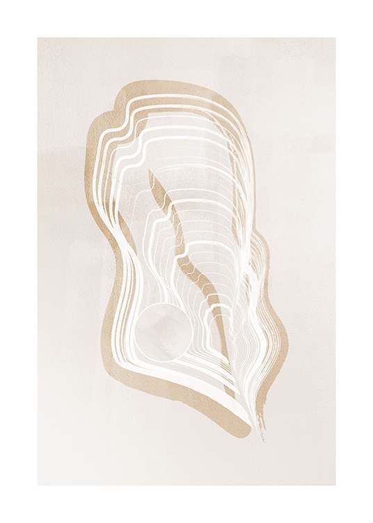  – Ilustración de fondo beis con una figura abstracta de líneas blancas y beis y un círculo pequeño en la imagen.