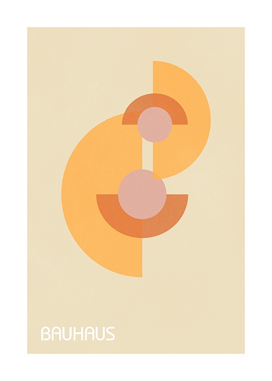  – Ilustración de diseño gráfico con figuras geométricas en tonos de anaranjado y rosa sobre un fondo beis y la palabra Bauhaus debajo.