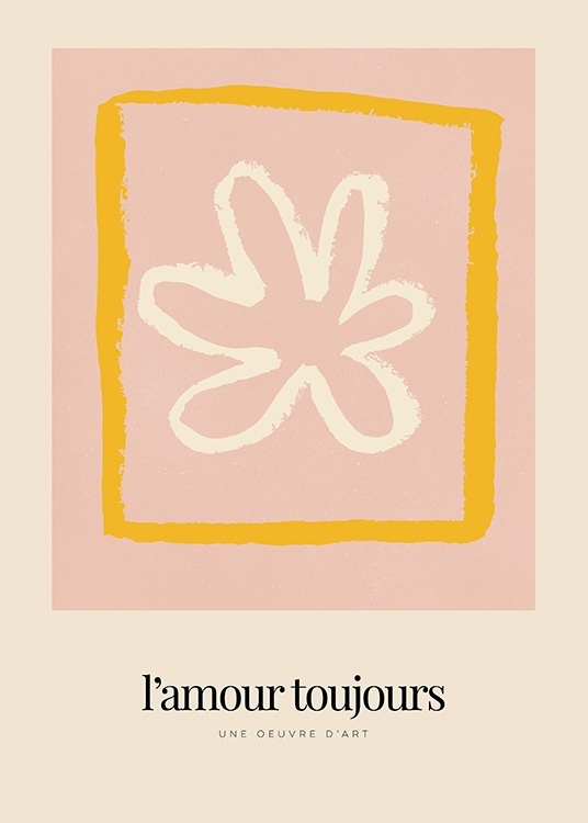  – Póster beis con la ilustración de una flor blanca en un recuadro anaranjado sobre un fondo rosa y texto debajo de la imagen.