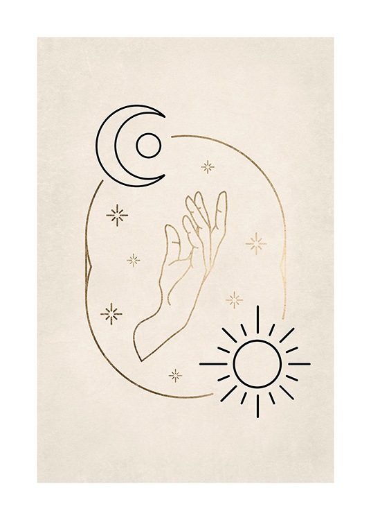  – Ilustración de una media luna y un sol negros con una mano y pequeñas estrellas doradas.