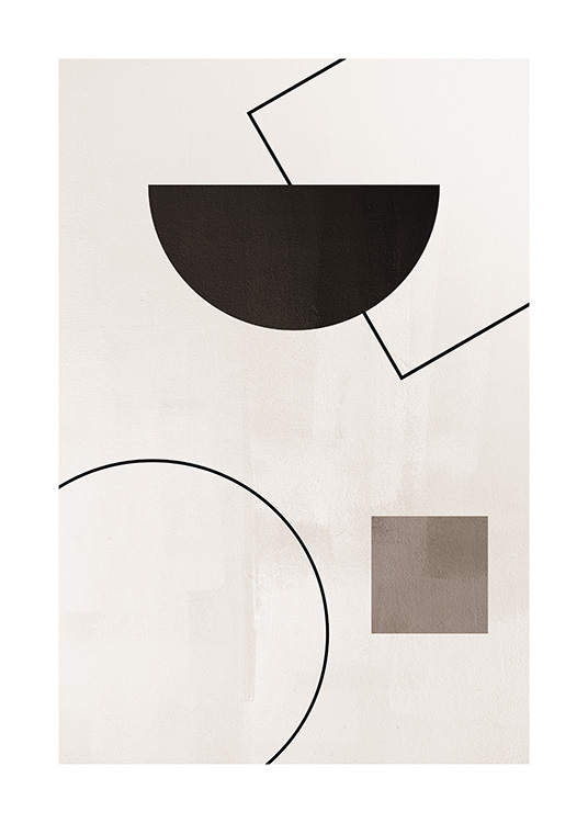  – Ilustración de diseño gráfico con figuras geométricas y líneas en blanco y tonos de marrón sobre un fondo beis de textura tipo moteada.