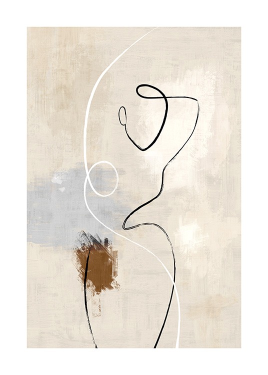  – Ilustración de arte de línea con un cuerpo en blanco y negro sobre un fondo pintado en beis con detalles en azul y marrón.