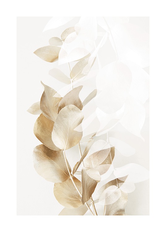  – Fotografía de una ramita de eucalipto dorada con el motivo de una rama de eucalipto ilustrada en blanco, fondo beis claro.