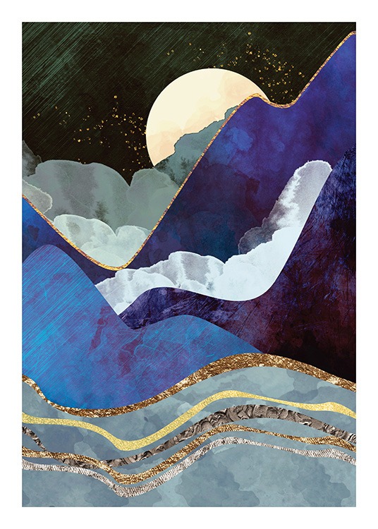  – Ilustración de diseño gráfico con montañas azules delineadas en dorado (no es papel de oro), y una luna de fondo.