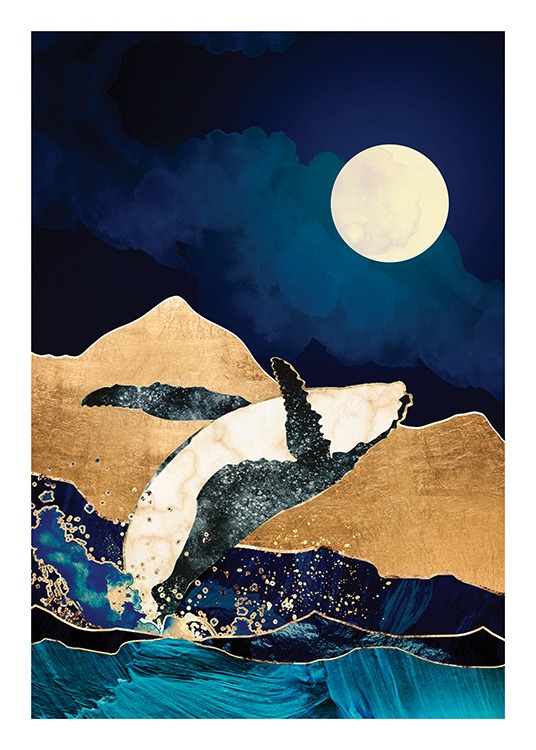  – Ilustración de diseño gráfico con una ballena en pleno salto, montañas doradas al fondo de la imagen y una luna en el cielo azul oscuro.