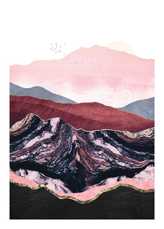  – Ilustración de diseño gráfico con un paisaje montañoso en tonos de rosa, violeta, rojo y detalles en dorado, y aves en el cielo.