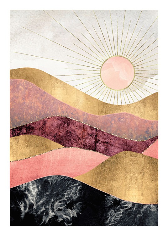  – Ilustración de diseño gráfico con un sol brillante en el fondo de la imagen, y montañas en tonos de rosado, rojo y dorado.