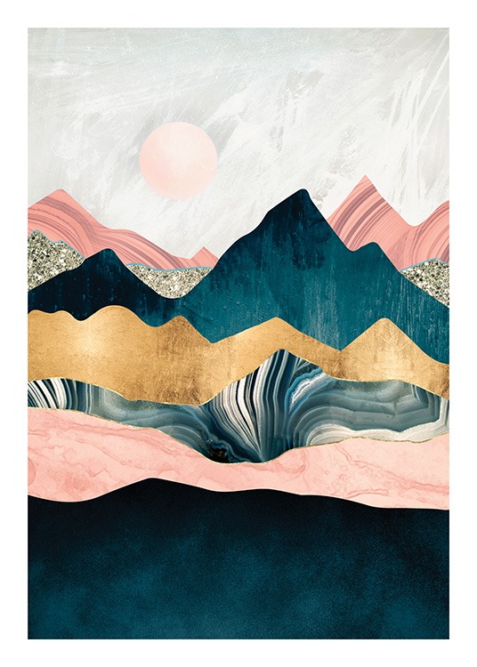  – Iustración de diseño gráfico con un paisaje montañoso en azul, rosa y dorado y un sol rosado al fondo de la imagen.