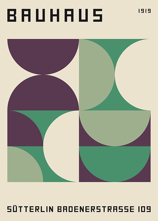  – Ilustración de diseño gráfico con figuras geométricas en tonos de violeta y verde, fondo beis y dice “Bauhaus 1919” en el extremo derecho de la imagen.