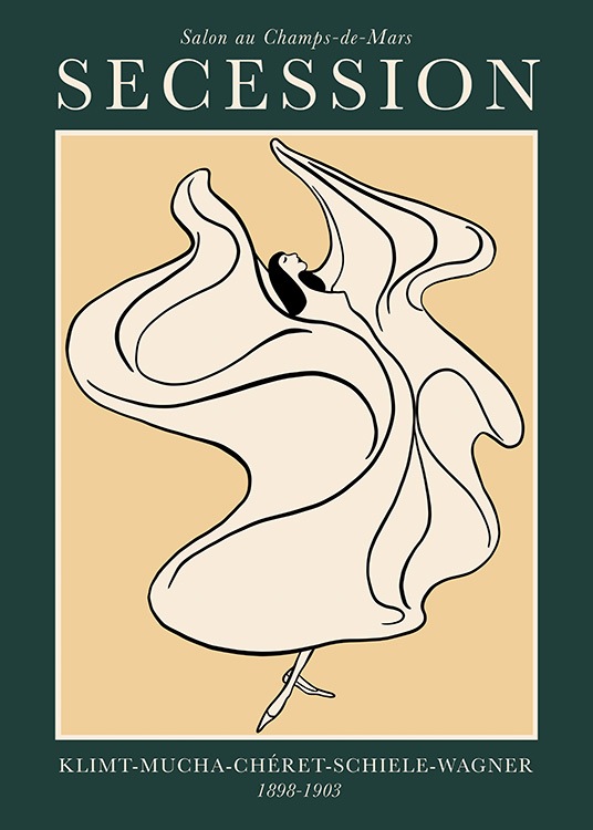  – Ilustración de diseño gráfico con una mujer con vestido amplio sobre un fondo beis enmarcado en un recuadro verde oscuro. Dice “Secession” en el extremo superior izquierdo de la imagen.