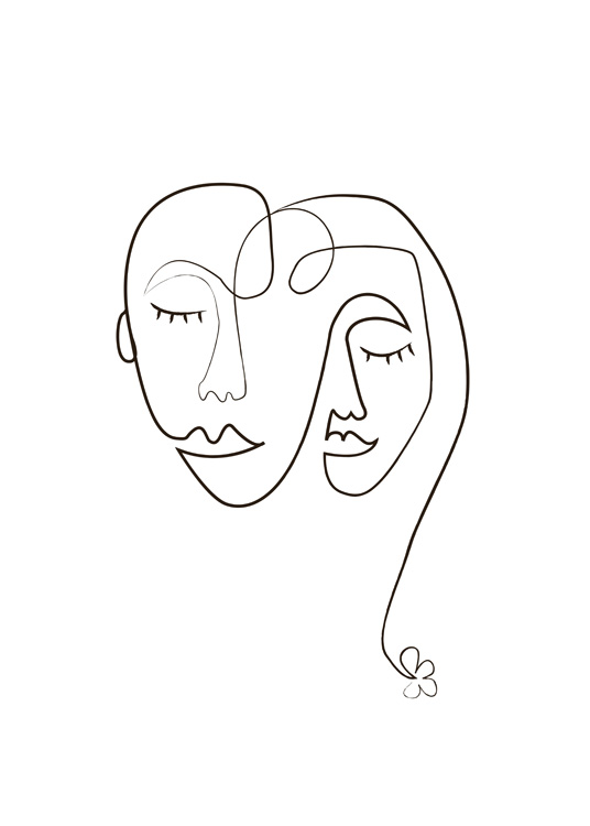  – Ilustración en negro realizada en arte de línea con el dibujo de dos rostros y fondo blanco.