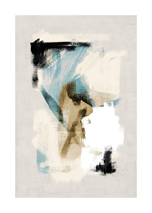  – Pintura abstracta con fondo beis estructurado y pinceladas en azul, blanco, beis y negro.