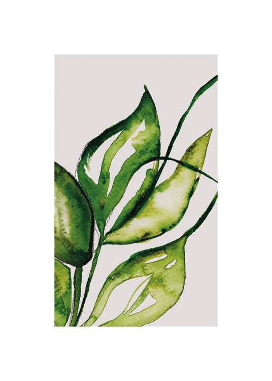  – Pintura en acuarela con fondo beis y hojas verdes.