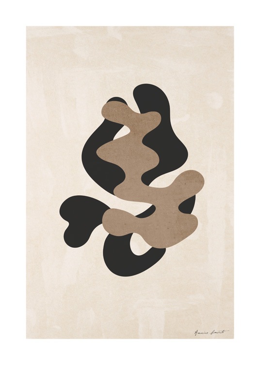  – Ilustración de diseño gráfico con figuras abstractas en marrón y negro y fondo beis con estructura moteada.