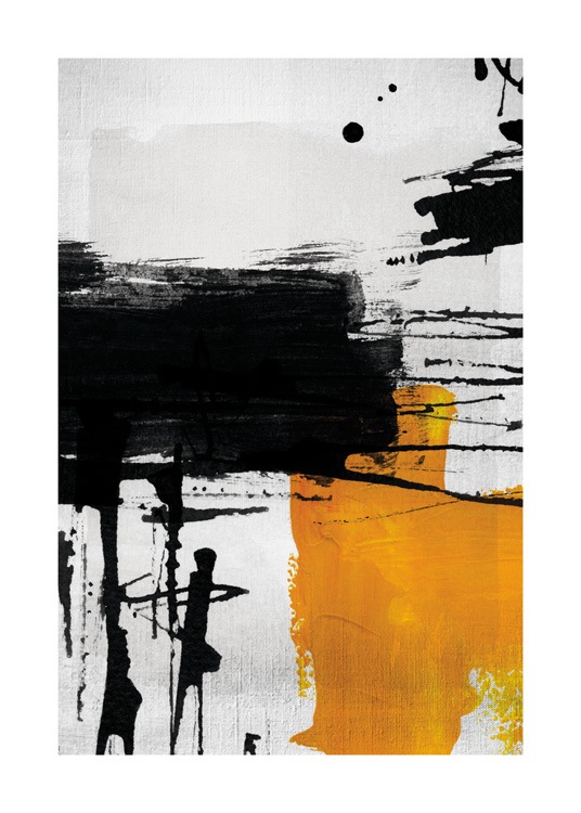  – Pintura abstracta con pinceladas negras y amarillas sobre un fondo gris claro.