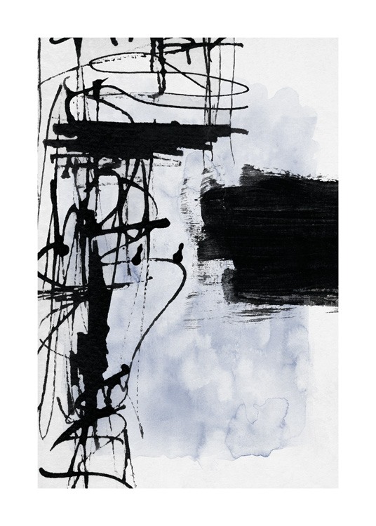 – Pintura con pinceladas y trazos en negro sobre un rectángulo azul, y fondo gris claro.