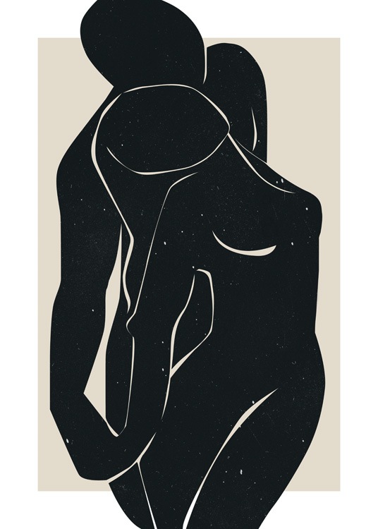  – Ilustración de diseño gráfico con dos cuerpos desnudos en negro y estructura moteada, fondo beis.