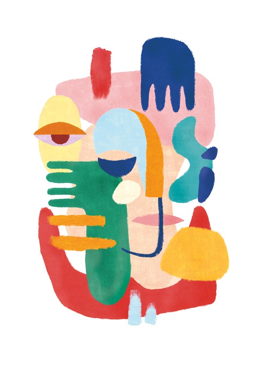  – Pintura abstracta con una figura hecha de manos, ojos, y rasgos faciales coloridos realizada sobre un fondo blanco.