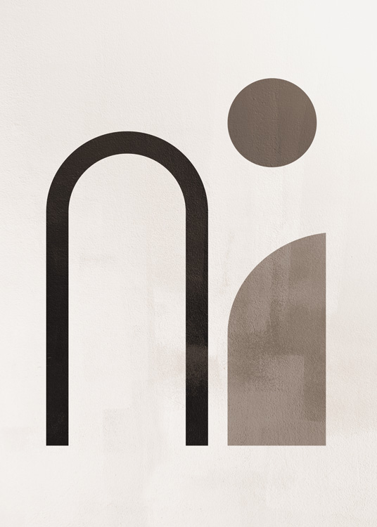  – Ilustración de diseño gráfico con un arco negro y dos figuras marrones sobre un fondo beis.