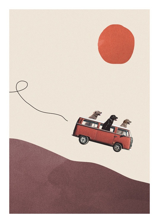  – Ilustración de diseño gráfico con tres perros bajando por una colina en furgoneta y un solo rojo.