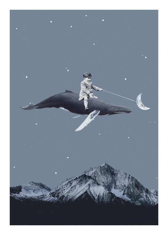  – Ilustración de diseño gráfico con un niño subido a una ballena volando por una cordillera.