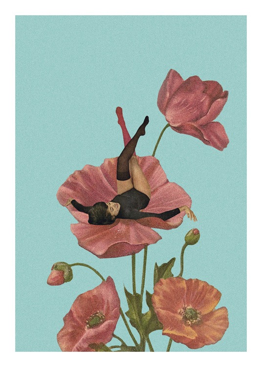  – Ilustración de diseño gráfico con un ramo de flores rojas y una mujer con medias negras hasta la rodilla en el centro de una de las flores.