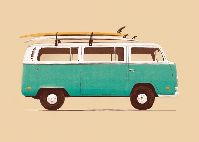  – Ilustración con una furgoneta verde de estilo vintage que lleva tablas de surf en el techo.